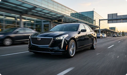 A black Cadillac sedan driving at high speed along a modern city road near a glass-walled terminal. The image uses motion blur to emphasize the car's movement against the backdrop of the building and the evening sky.