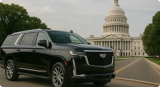 A black Cadillac Escalade SUV parked on a quiet road leading to the U.S. Capitol building in Washington DC, captured in daylight with symmetrical tree-lined framing in the background.