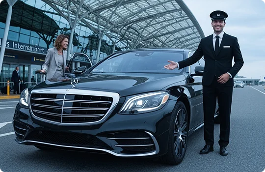 Chauffeur in uniform standing beside a black luxury sedan outside an airport terminal, assisting a female passenger.