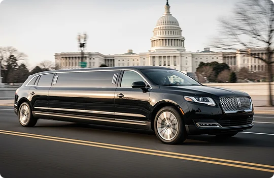 A black Lincoln Navigator stretch SUV limousine is driving on a paved road with yellow double lines. In the background, the U.S. Capitol Building dome is visible, suggesting a location in Washington D.C. The vehicle is captured in motion against a bright sky, with bare trees on the side of the road.