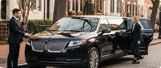 A black Lincoln Navigator stretch SUV limousine is parked on a cobblestone street in a residential area. A chauffeur in a black suit holds the hood of the vehicle while a businesswoman in a black pantsuit steps out of the open rear door. The background features historic townhouses and trees.