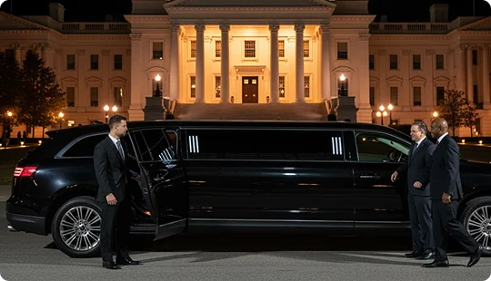 A black stretch SUV limousine is parked at night in front of a brightly illuminated, grand, white columned building, resembling the White House or a similar official structure. A chauffeur in a black suit holds the open rear door of the vehicle while two men in dark suits stand nearby, preparing to enter or exit the limousine.