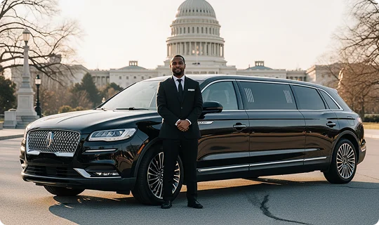 A proud, professional chauffeur in a black suit, white shirt, and black tie stands centered in front of a sleek, black Lincoln Navigator stretch SUV limousine. The vehicle is parked on an asphalt road. In the background, the U.S. Capitol Building dome and facade are prominently featured under warm, possibly evening, natural light.
