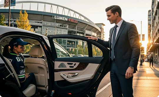 A female sports fan dressed in sports attire is about to exit a black executive sedan from rear seat while the chauffeur holds the door open for her. The car is parked outside Lumen Field Stadium.