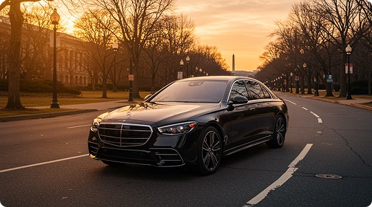 A black Mercedes-Benz luxury sedan on an empty Washington DC street at sunset, with warm golden skies, leafless trees lining both sides, and the Washington Monument visible in the background.