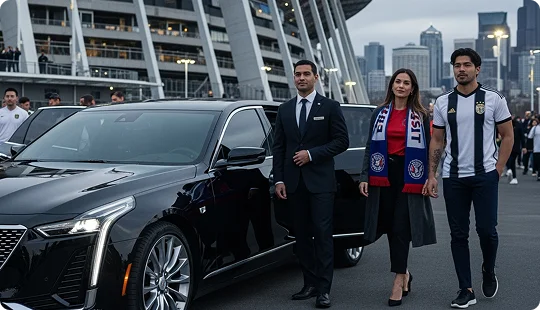 A chauffeur in a dark suit stands beside a black Cadillac sedan with the door open, greeting a woman wearing a sports scarf and a man in a soccer jersey. They are in a large open area with a stadium and city skyline in the background.
