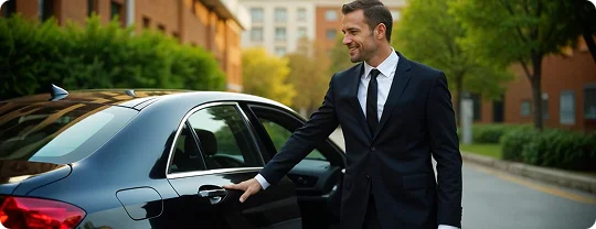 A sharply dressed chauffeur smiles as he opens the rear door of a sleek black sedan on a tree-lined urban street, ready for passenger pickup.