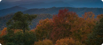 A distant view of the Blue Ridge Mountains covered in dense autumn-colored trees, with layers of hazy ridgelines stretching into the horizon under a moody twilight sky.
