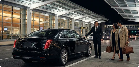 A chauffeur in a black suit smiles as he opens the rear door of a black luxury sedan for a well-dressed couple carrying weekend bags at a modern airport terminal at night.