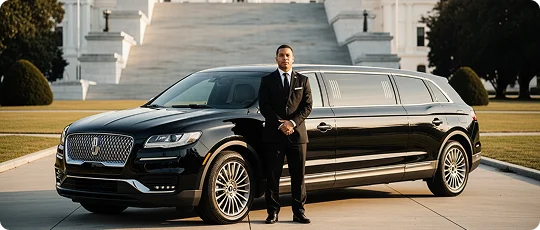 A professionally dressed chauffeur in a black suit, white shirt, and black tie stands in front of a black Lincoln Navigator stretch SUV limousine. The vehicle is parked on a paved area with a grand, white, columned building and steps visible in the background, suggesting a formal or official setting. The man is facing forward with his hands clasped in front of him.