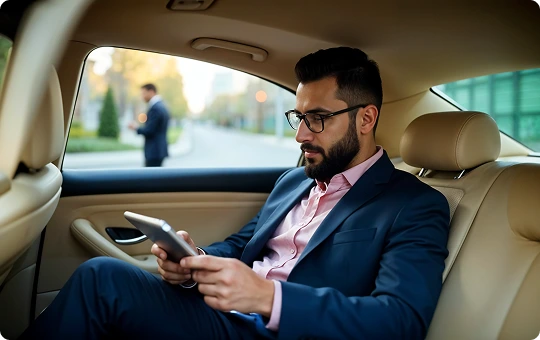 A bearded man in a navy suit and pink shirt sits comfortably in the back seat of a beige luxury car, focused on using a tablet, with a blurred suited figure seen outside the window on a tree-lined street.