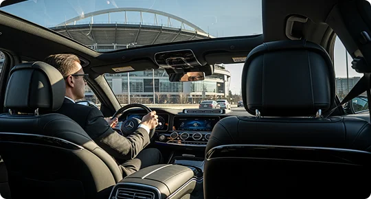 An interior view from the rear seat of a Mercedes-Benz, showing a chauffeur in a suit driving past a large sports stadium. The vehicle's high-tech dashboard, dual digital displays, and panoramic sunroof are visible, framing the stadium and other cars on the road ahead.
