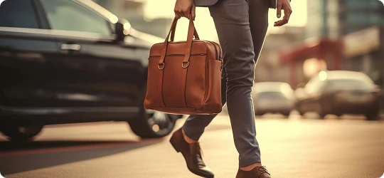 A sharply dressed man walking through a city street at golden hour, holding a stylish brown leather briefcase in one hand, with blurred cars and a dark luxury sedan in the background.