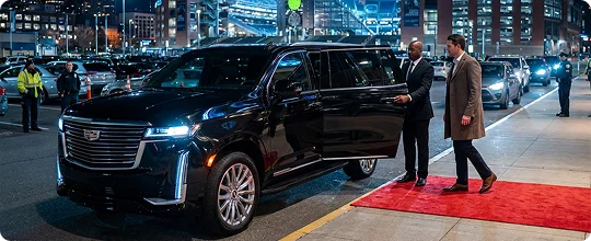 A chauffeur in a suit holds the door of a black Cadillac Escalade open for a man in a tan coat stepping onto a red carpet at night. In the background, a brightly lit stadium and a line of cars are visible.