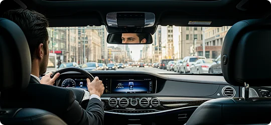 Rear side view of a chauffeur focused on road while driving a private black car with modern black interior. City setting showing a traffic signal and buildings on both sides are visible in foreground of the picture from windscreen.