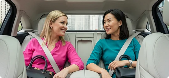 Two professional women sitting in the backseat of a luxury vehicle, smiling and talking to each other while wearing seatbelts and holding handbags.