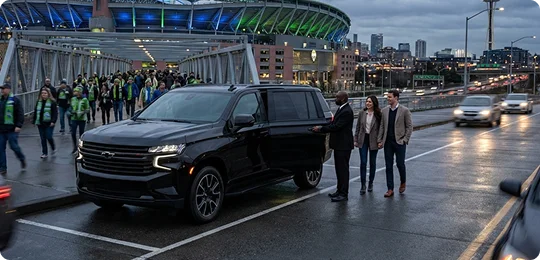 A chauffeur in a suit holds open the door of a black Chevrolet Suburban for a man and woman walking toward the vehicle on a wet roadway. A large sports stadium and a crowd of people are visible in the background.