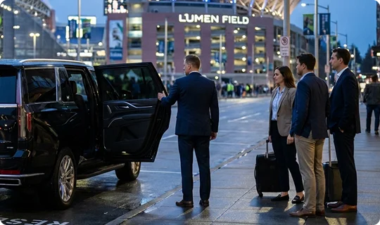 A chauffeur in a dark suit holds the rear door of a black luxury SUV open for three professionals standing with suitcases on a sidewalk outside Lumen Field at dusk.