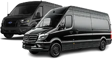 Two black passenger vans, a Mercedes-Benz Sprinter and a Ford Transit, shown against a neutral background