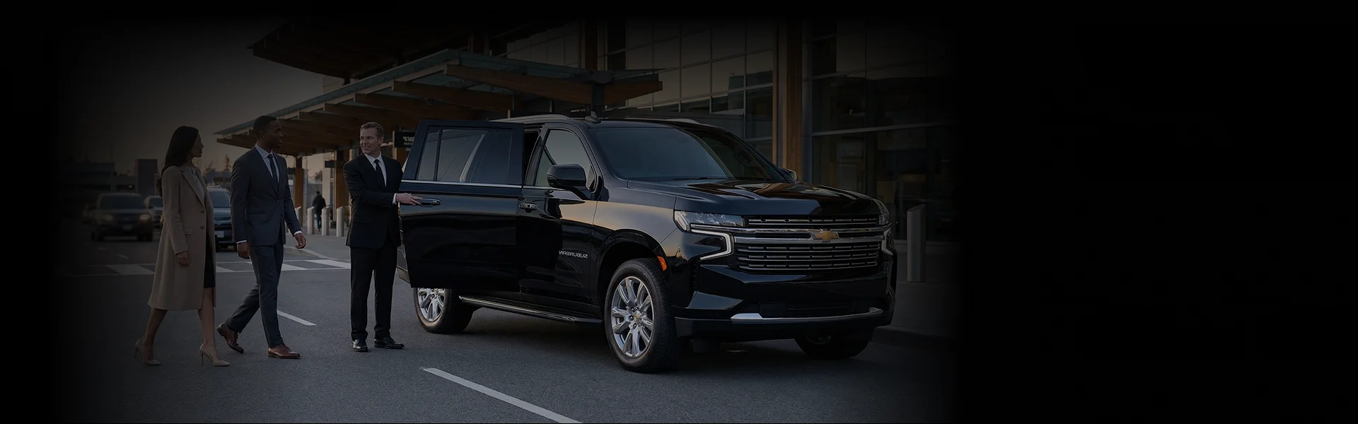 A chauffeur in a dark suit holds open the door of a black Chevrolet Suburban for a man and a woman in business attire. The scene takes place outdoors during sunset, with a modern building and other vehicles visible in the background.