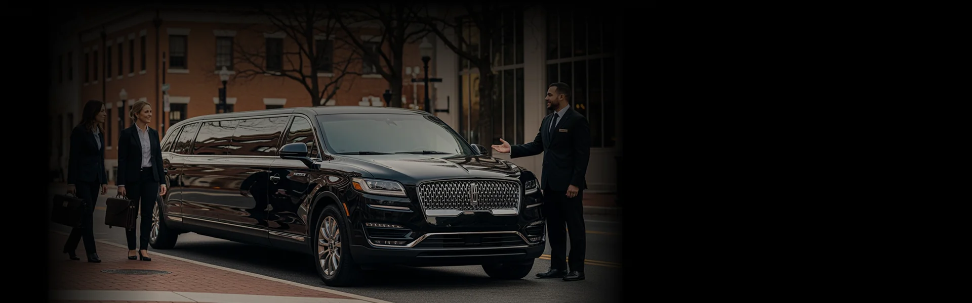 A chauffeur stands by a black SUV-style stretch limousine, gesturing toward the vehicle as two businesswomen approach carrying briefcases on a city street.