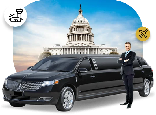 A digitally composited image advertising limousine service, featuring a black Lincoln Navigator stretch SUV limousine parked in front of the U.S. Capitol Building in Washington D.C. A smiling chauffeur in a business suit stands next to the vehicle with his arms crossed. Two circular icons, one with an air traffic control tower and the other with an airplane, float near the top corners, signifying airport and transportation services.