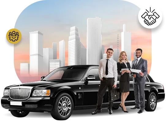 A promotional image for corporate transportation featuring a black luxury sedan or limousine. Three business professionals—two men and one woman, all dressed formally—stand beside the front of the vehicle. Behind them is a stylized, simplified skyline of white skyscrapers against a sunset-colored sky. Two icons float near the top: one showing a group of people (teamwork/corporate) and another showing a handshake (deal/agreement).