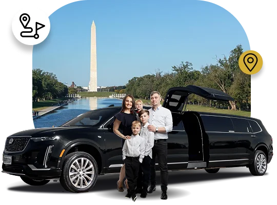 A family of four—a man, a woman, and two young boys—stands next to a black stretch SUV limousine, with the rear door open. The background is a composite image showing the Washington Monument and the Reflecting Pool on the National Mall in Washington D.C. Two circular icons, one showing a route marker with a flag and the other showing a location pin, signify tour or transportation services.