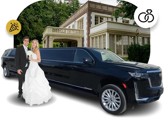 A bride and groom, dressed in a white wedding gown and a black tuxedo, stand next to a black Cadillac Escalade stretch SUV limousine. The background is a composite image of a large, stately house or venue surrounded by lush greenery, suggesting a wedding or formal event. Two circular icons float above: one with a party popper (celebration) and the other with two interlocked rings (wedding).